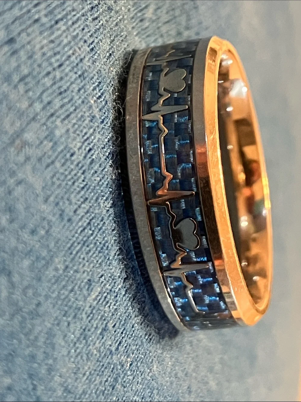Men's Blue Carbon Fiber Ring with Heartbeat Accent